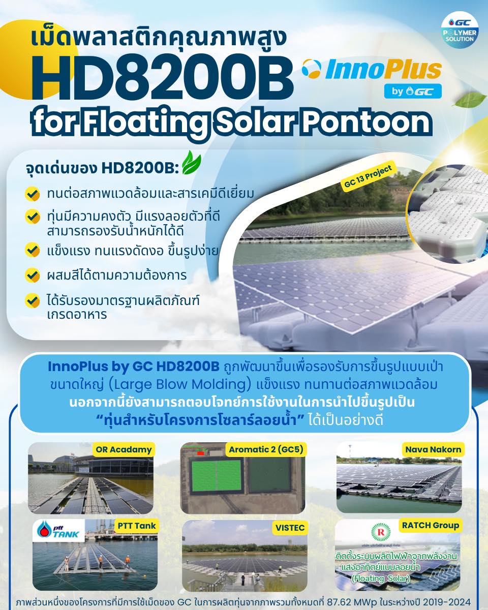 “InnoPlus by GC HD8200B สำหรับ Floating Solar Pontoon มั่นใจในความยั่งยืน ด้วยนวัตกรรมเม็ดพลาสติกคุณภาพจาก GC”